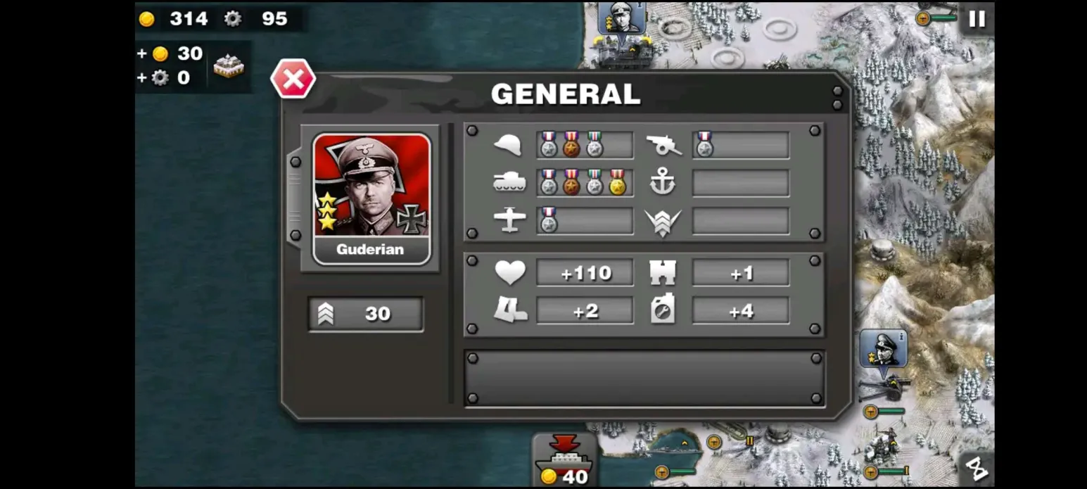 Info del general Guderian, con imagen del general y la bandera del III Reich de fondo, detrás un mapa del juego de parte de la Antártida