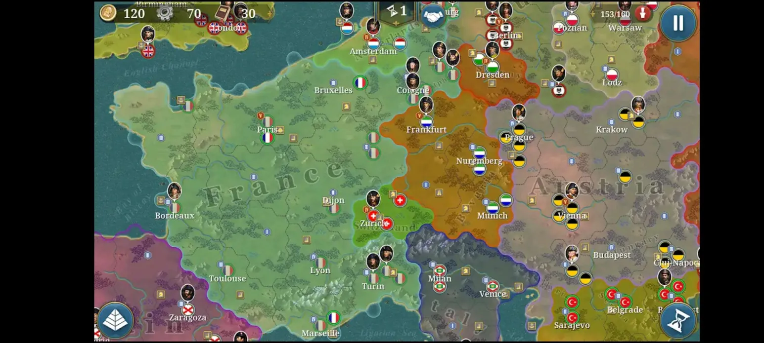 mapa de parte de Europa mostrando provincias y la ubicación de generales.