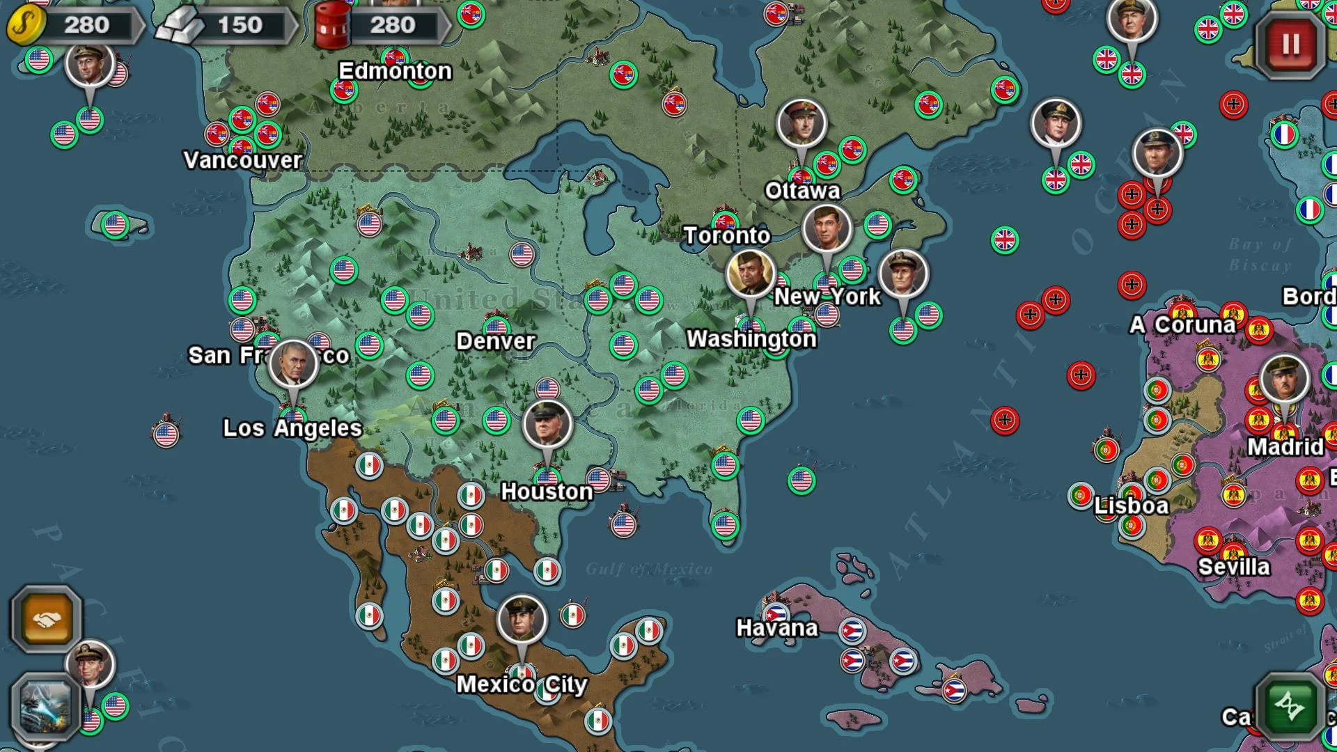 Mapa del mundo mostrando el Atlántico Norte y unidades militares